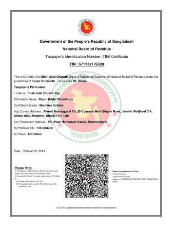 E-TIN Certificate- ED- Shah Jalal Chowdhury