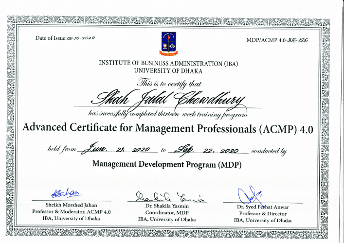 IBA (ACMP) Certificate of Shah jalal Chowdhury